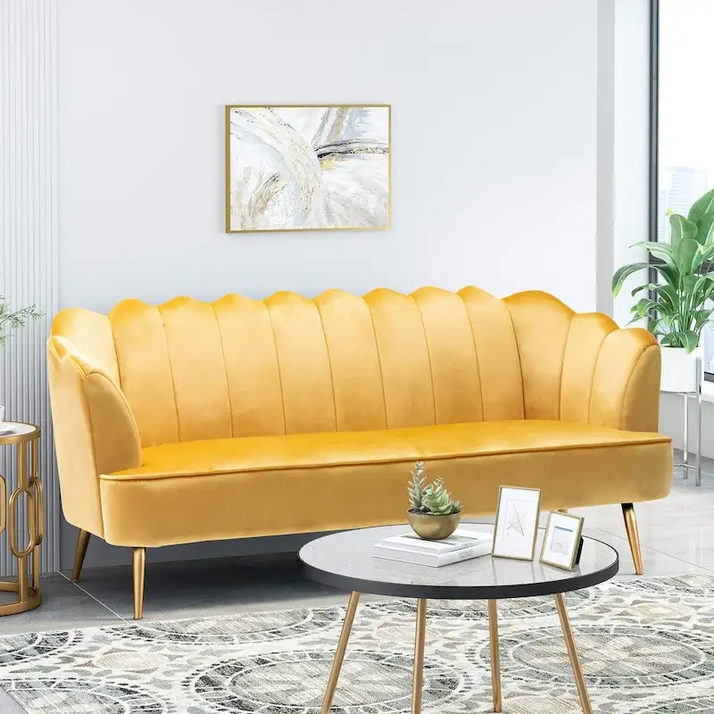 Velvet Channel Stitched 3-seater Sofa with Metal Legs