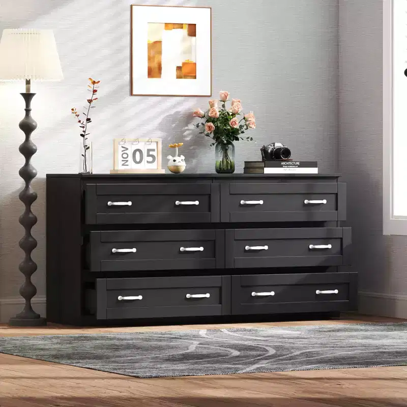 MAYEERTY Modern Side Cabinet with 6 Drawers Wood Chest of Drawers with Metal Handle for Bedroom Living Room Black