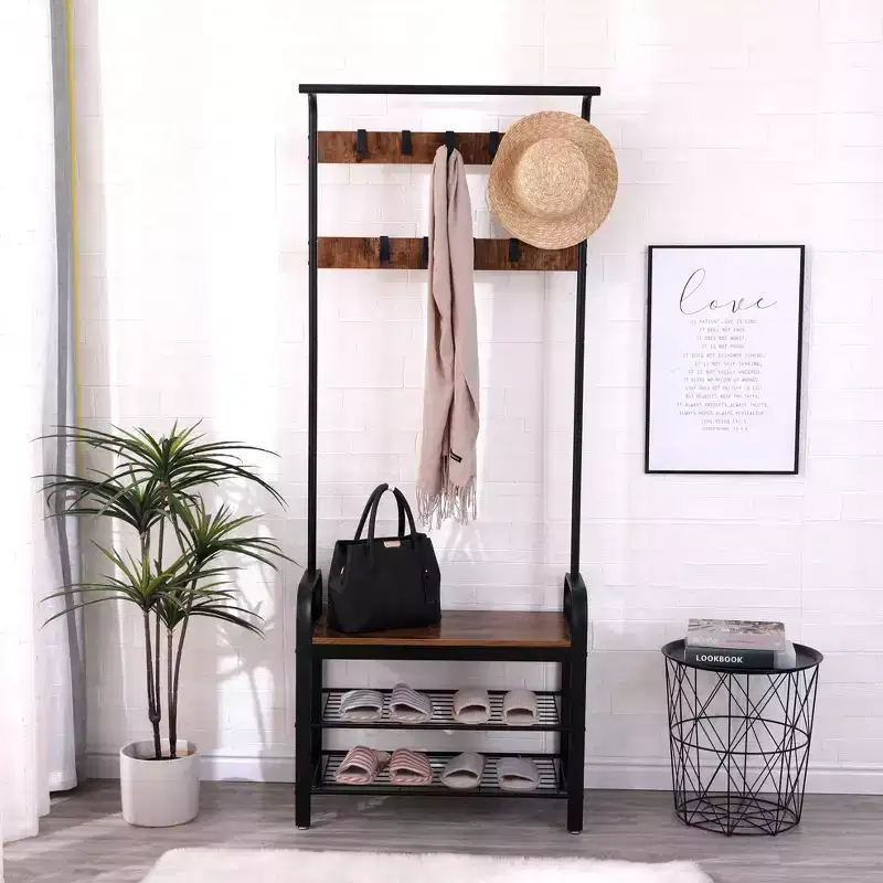Okak 72.8IN Industrail Coat Rack with Shoe Bench and 9 Removable Hooks, Hall Tree with Hanging Rod, Coat Stand for Living Room, Hallway, Brown