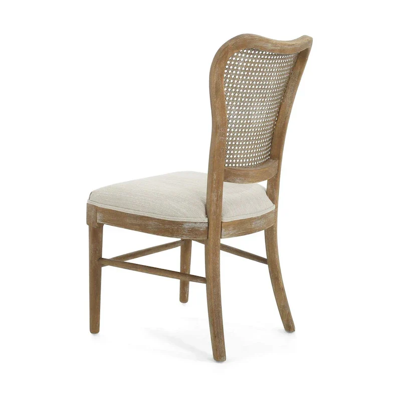 Farmhouse-style rubberwood dining chairs with rattan backrests (two chairs per set).
