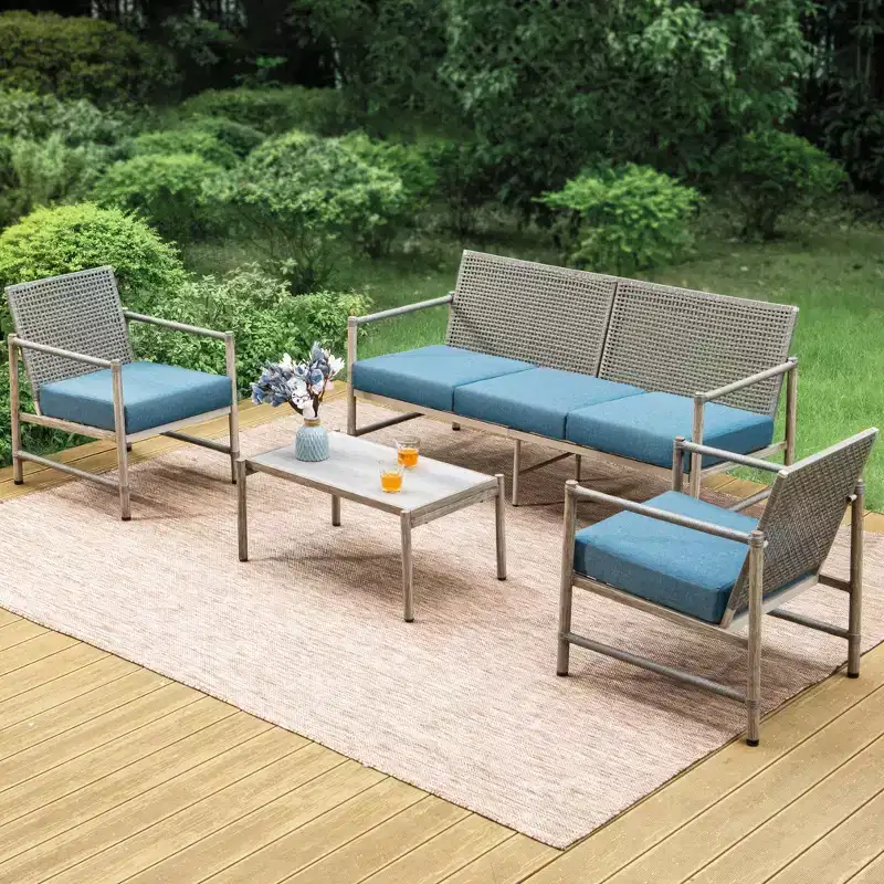 Captiva Designs Coastal 4pc Patio Steel and Rattan Sofa Conversation Set with Coffee Table