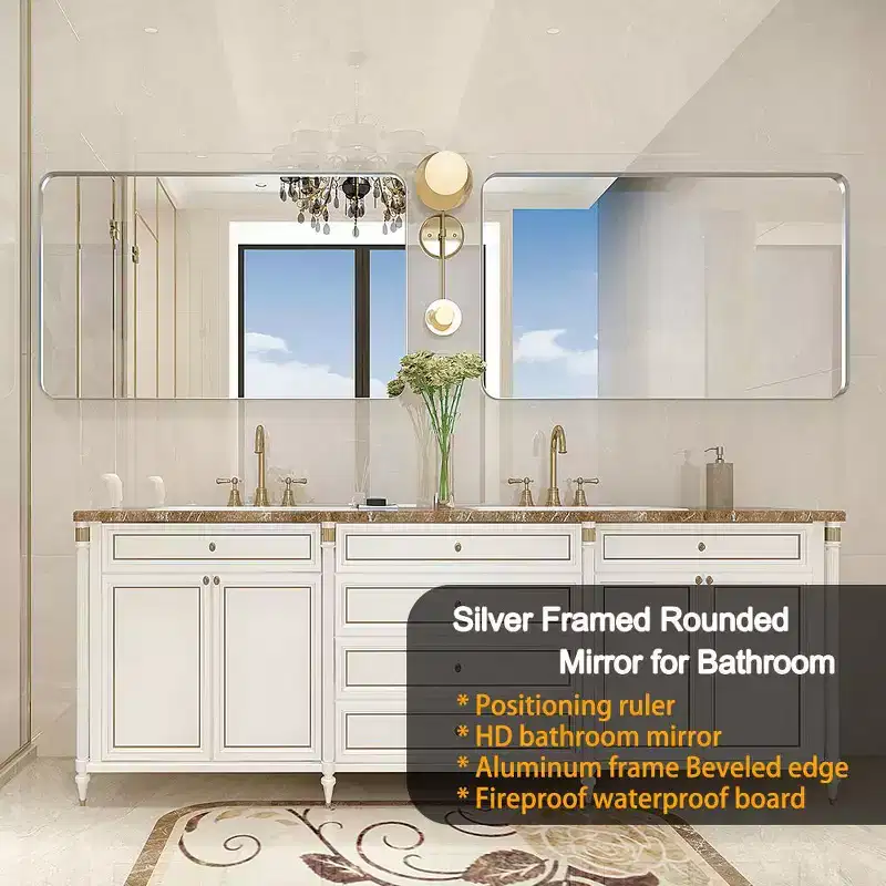 40x30 Brushed Silver Rectangular Mirror: Rounded Corners, Metal Frame, Wall Mount, Vanity Mirror