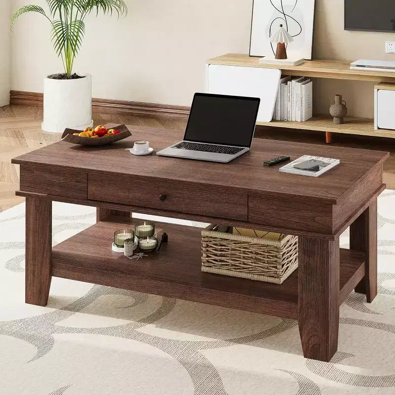 Large Wood Coffee Table with Drawer & Open Storage Shelf, Walnut or Light Oak