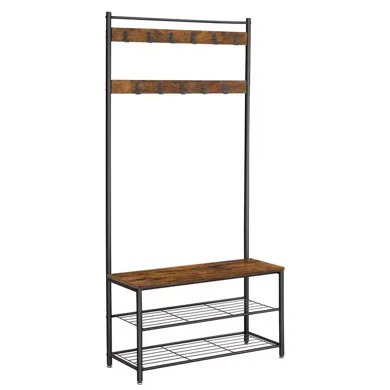 Coat Rack, Hall Tree with Shoe Storage Bench, Entryway Bench with Shoe Storage, Steel Frame, Rustic Brown and Black