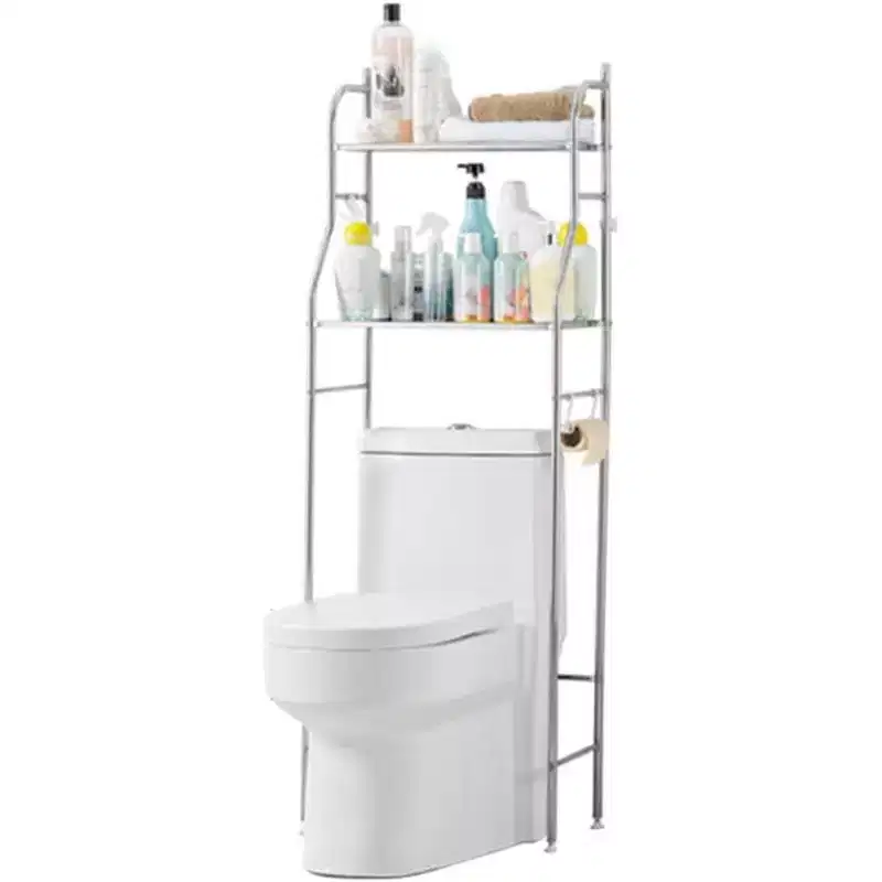 Over The Toilet Storage Cabinet, Metal Bathroom Organizer with Paper Holder & Hooks, No Drill Floor Standing, Space Saver, White