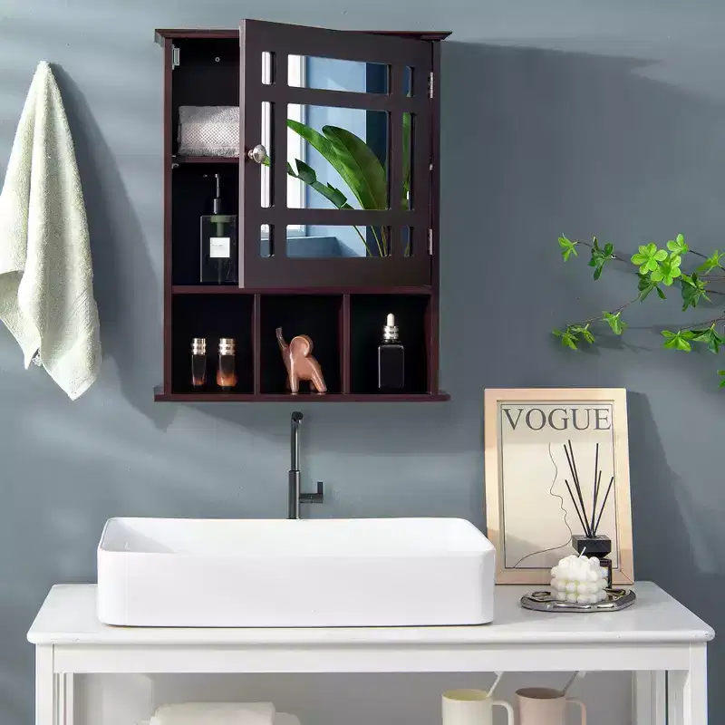 Mirrored Medicine Cabinet, Bathroom Wall Mounted Storage with Adjustable Shelf, Grey/Brown