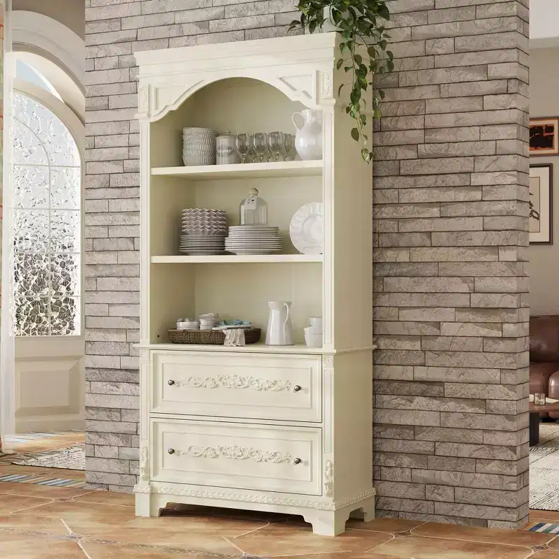Famapy Cream White Vintage Kitchen Pantry Sideboard,Display Cabinet,2-Drawer Storage + Open Shelves,Floral Carvings,Living/Dining Room Organizer