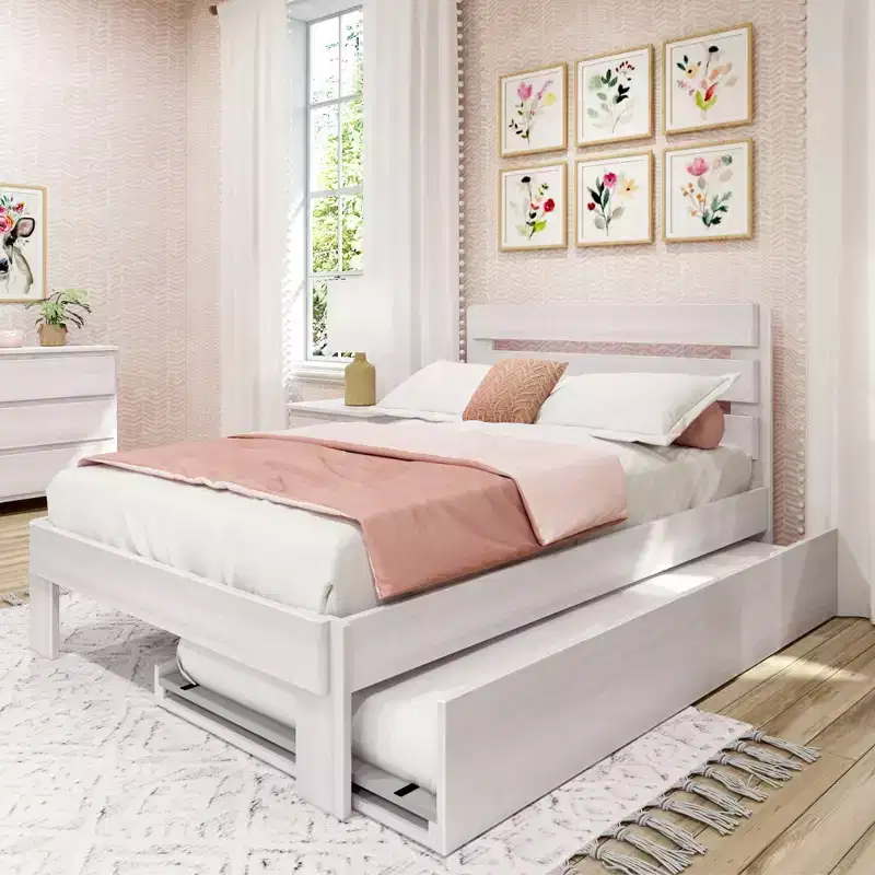 Full Size Bed Frame, Farmhouse Solid Wood Platform Bed with Headboard and Trundle