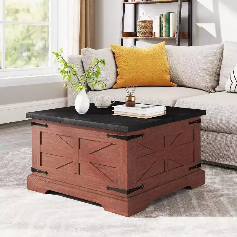 Farmhouse Square Coffee Table with Dual Flip Top Lids and Storage, 31 Inch, Brown