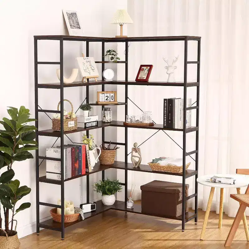 5-Tier L-Shaped Bookcase, Metal Frame Corner Bookshelf with Open Storage and Curved Panels, Vintage Industrial for Living Room, Office