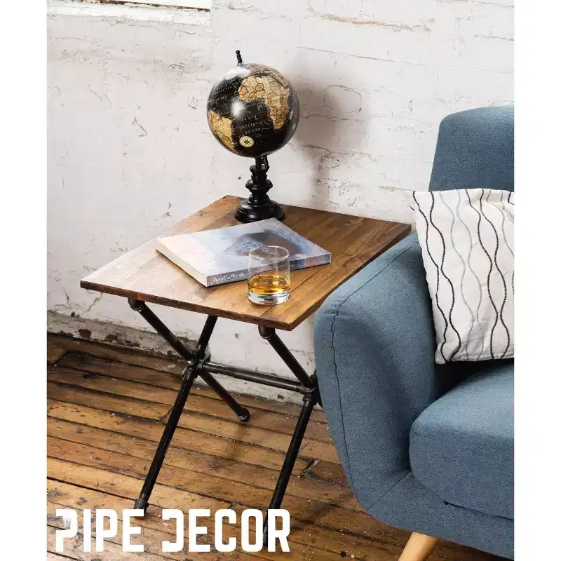 Criss Cross Industrial Pipe End Table - Campaign Style, Steel & Pine, Black