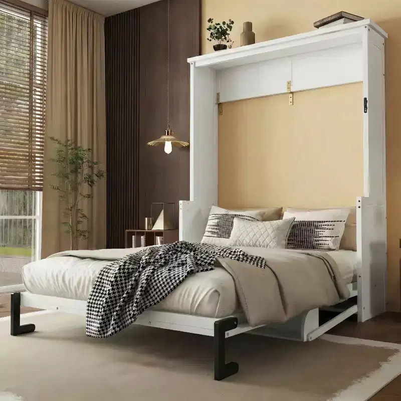 Queen Size Wood Vertical Murphy Bed, Space-Saving Hidden Wall Bed Cabinet