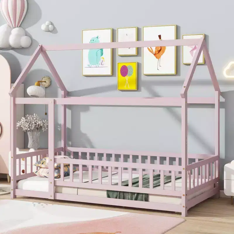 MAYEERTY Twin House Floor Wooden Bed with Roof Frame, Safety Guardrails Pink