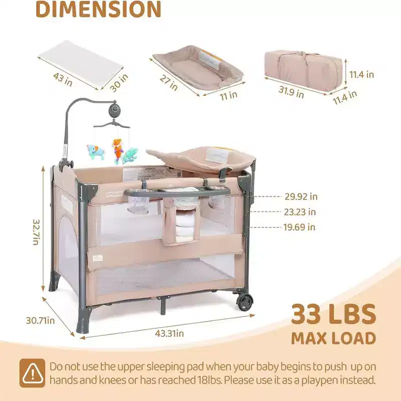 3-in-1 Baby Bassinet Crib Bedside Sleeper – Beige with Hanging Bag & Changing Table