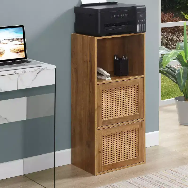 Breighton Home Xtra Storage Boho Weave 2 Door Cabinet with Shelf in Brown Autumn Haze/Beige Barley