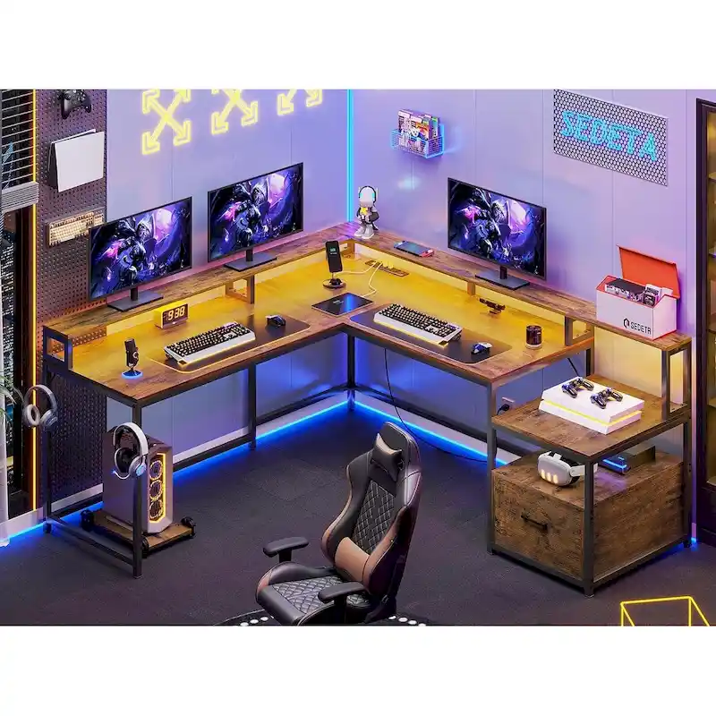 L-Shaped Corner Desk – Brown, RGB LED Strip, File Drawer, Monitor Shelf, Power Outlet, Seats 2