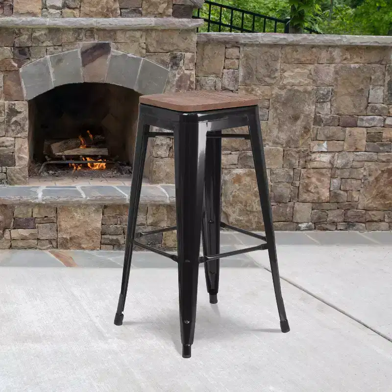30 High Backless Metal Barstool with Square Wood Seat