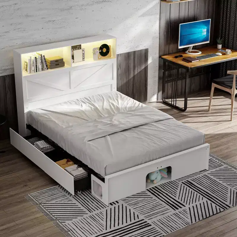 Smart Bluetooth-Enabled Bed Frame with App Control, Custom RGB Lights, Power Outlets, Open Shelves, 4 Rolling Drawers, Central Iron Frame, Pet Nook