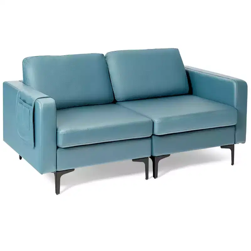 Costway Modern Loveseat Leathaire Fabric 2-Seat Sofa Couch w/ Side Storage Pocket