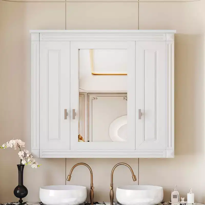 MAYEERTY Bathroom Wall Cabinet with Mirror, Wall Mounted Medicine Cabinet with 4 Shleves Mirrored Door White