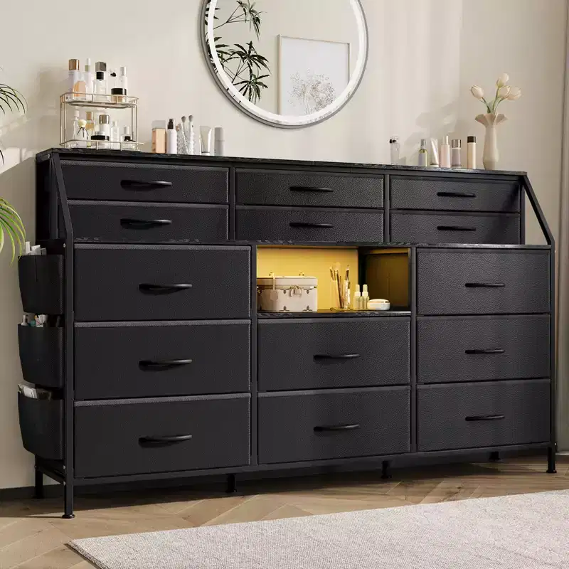 55 W Fabric Dresser with Side Pocket, 14 Drawers and Shelves, Sturdy Frame, Wood Top