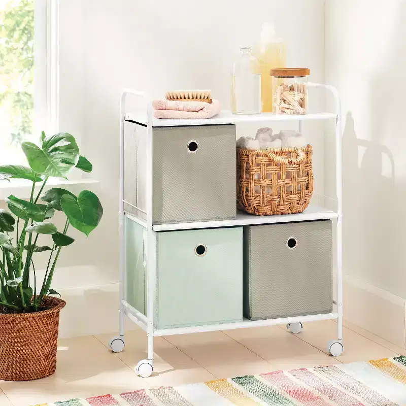 3-Shelf Wide Metal Rolling Storage Cart with Side Handles, White
