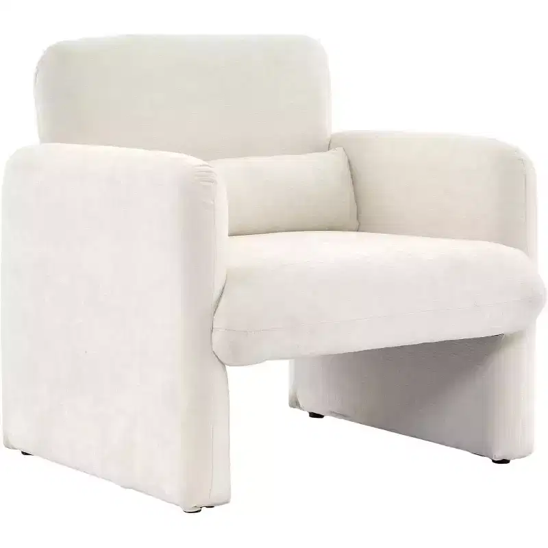 Acekool Cream Chenille Accent Chair, Modern Minimalist Armchair with Waist Pillow, Wood Frame, for Living Room Bedroom Office