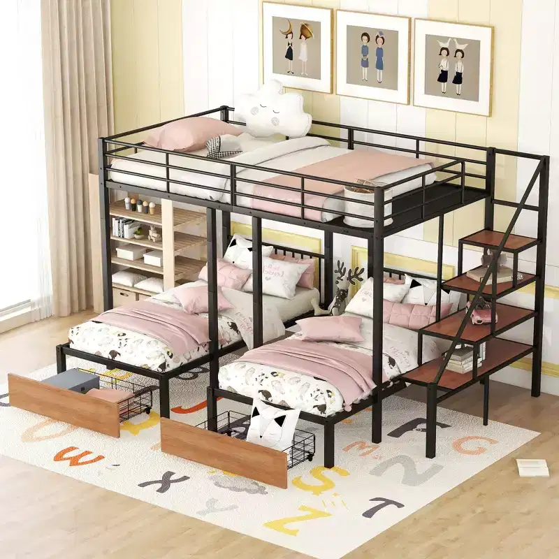 Full over Twin-Twin Triple Bunk Bed with Drawers and Staircase