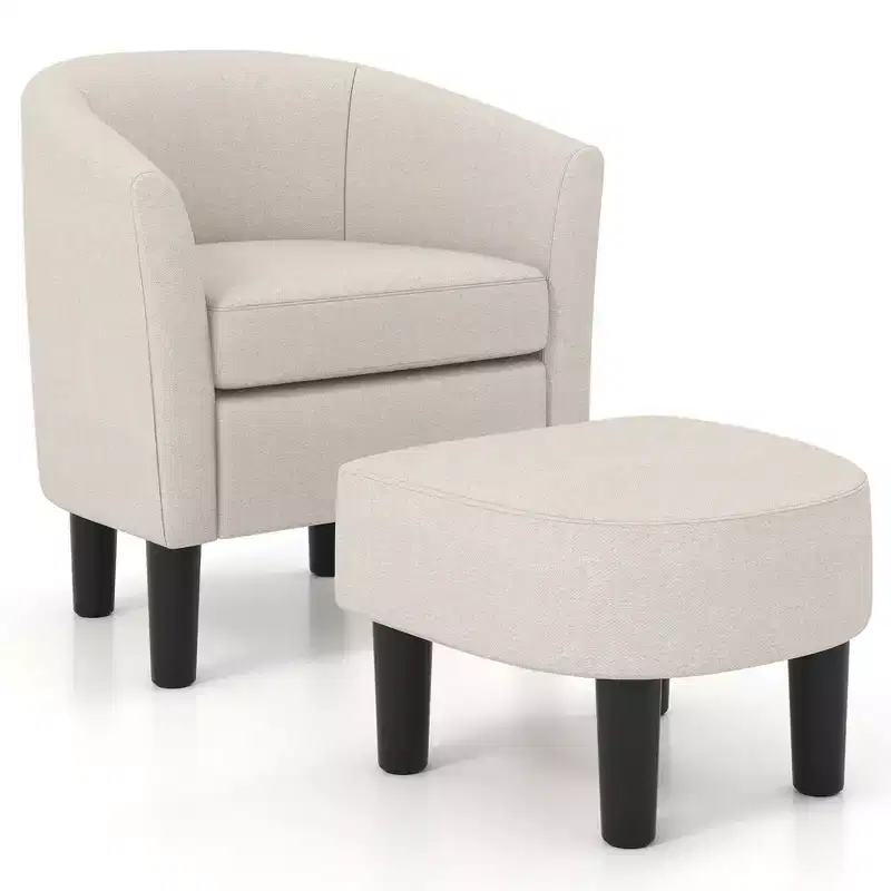 Barrel Club Chair with Ottoman Set – Curved Back & Removable Cushion, Grey/Beige