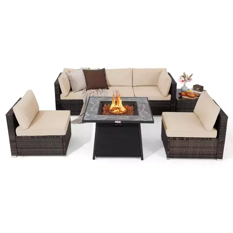 Costway 7 PCS Patio Furniture Set with 35 Propane Gas Fire Pit Table & Waterproof Cover