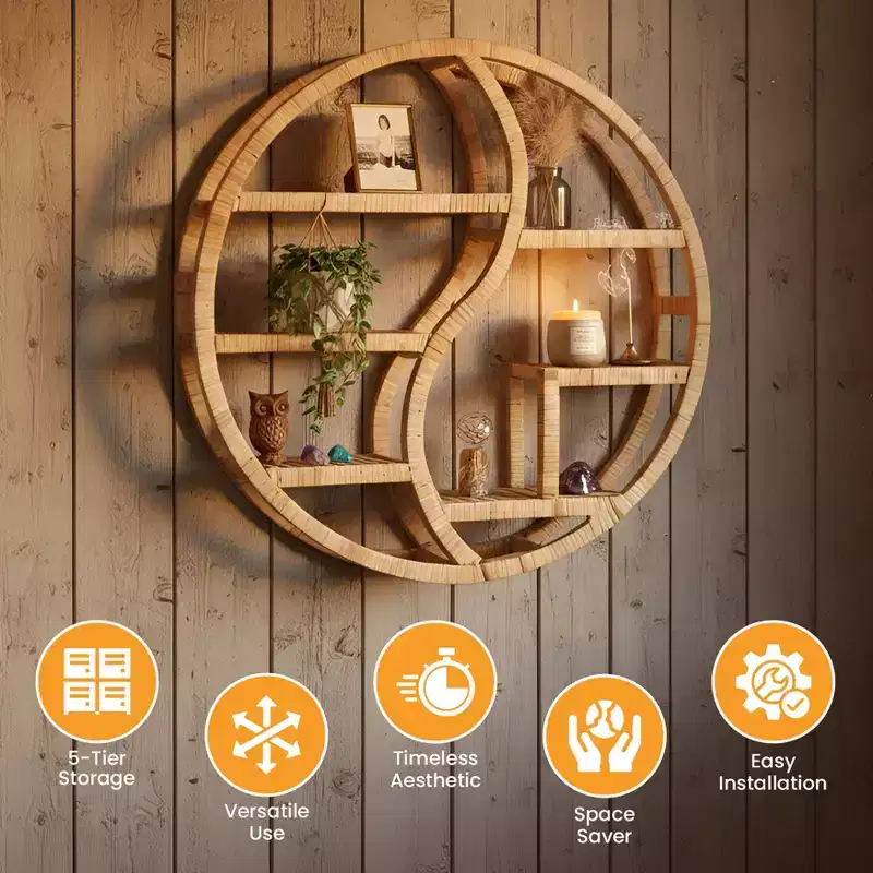 Round Bamboo Wall Shelf with 3-Tier Wooden Display, Boho Circle Hanging Shelf