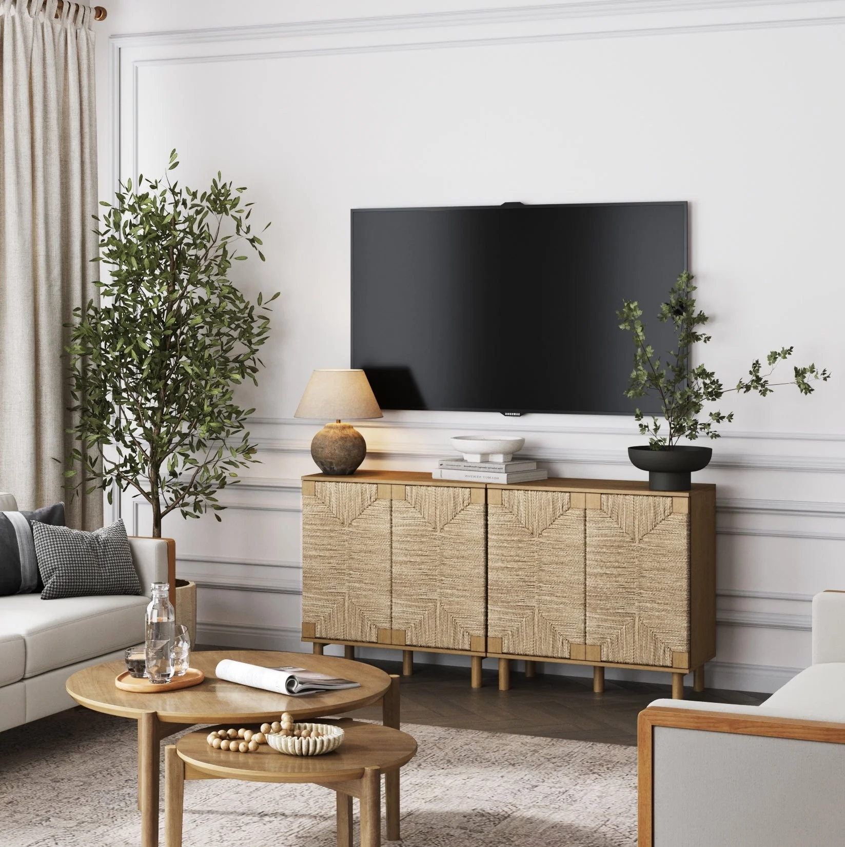 Wood TV Console for TVs up to 65 with Seagrass Doors Light Brown