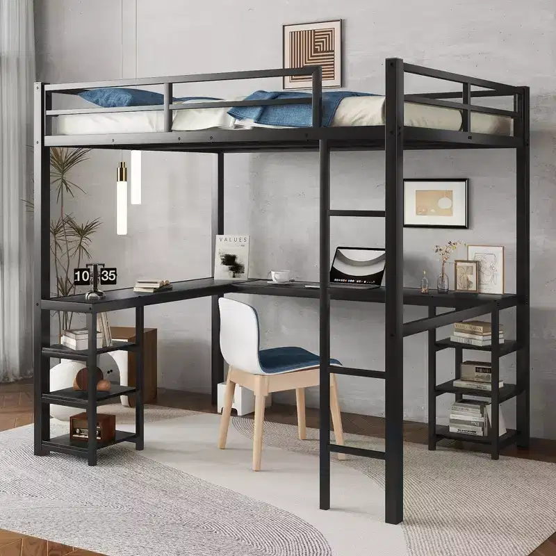 Bellemave Full & Full XL Metal Loft Beds with Desk, Bookshelf & Shelves, L-Shaped Space-Saving Bed Frame with Ladder & Guardrails, Black