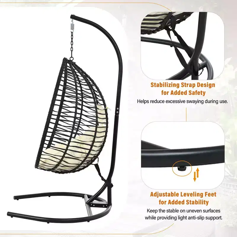 Whisen Hanging Hammock Chair with Stand, Egg Swing Chair with Iron Frame and Cushion & Headrest