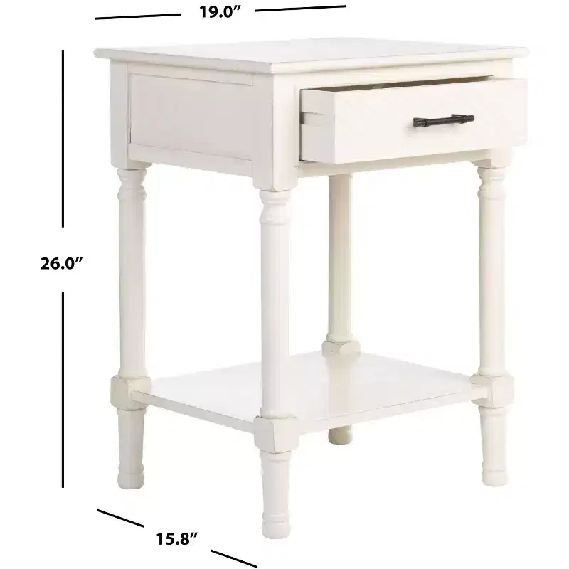 1-Drawer Accent Side Table with Herringbone Detail & Open Shelf, Distressed White