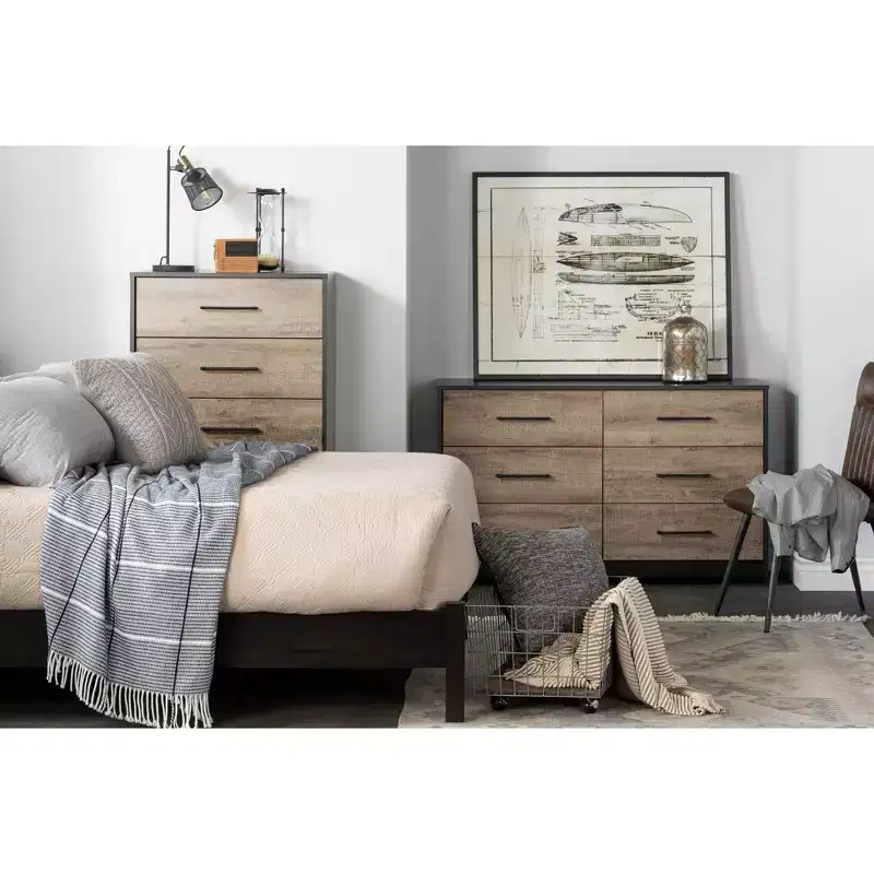 6 Drawer Double Dresser Rubbed Black/Weathered Oak: Contemporary Storage Chest with Metal Slides