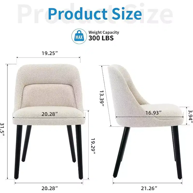 Upholstered Linen Dining Room Chairs, Wood Legs, Modern Kitchen & Cafe Seating, Beige