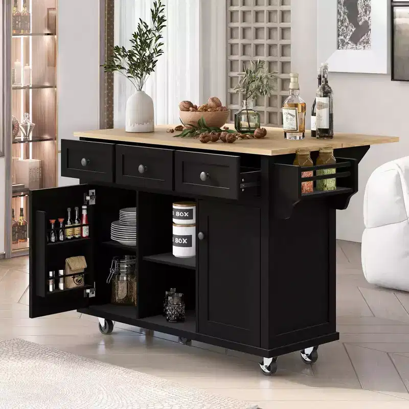 Kitchen Island With Storage Cabinet & 3 Drawers, Drop-Leaf Countertop, Rolling Cart With Locking Casters, Black