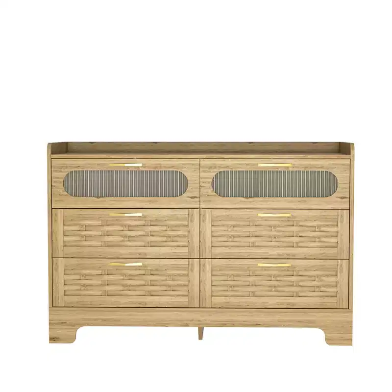 Farmhouse Double Dresser with 6 Drawers and Gold Handles, 47.24