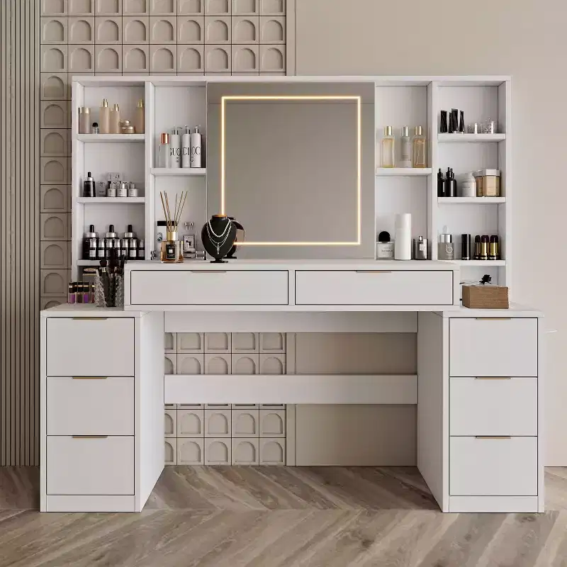 59-Inch Makeup Vanity Desk with Lighted Mirror, 8 Drawers, Open Shelves for Girls' Rooms, Dimmable Lighting, Space-Saving Design