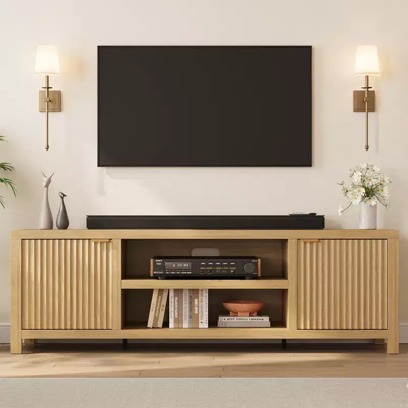 Fluted TV Stand for 80 inch, Modern Entertainment Center with Adjustable Shelves, Natural Oak TV & Media Cabinet 2-Tier Storage