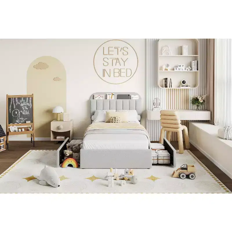 Boucle Upholstered Platform Bed Frame with Storage Headboard & 2 Drawers - Modern Bookcase, Noise-Free, Easy Assembly, No Box Early season Needed
