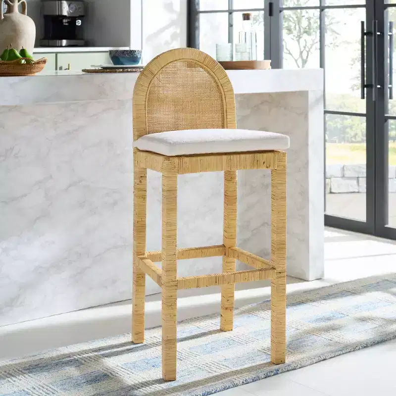 Cane Round Back Bar Stool Natural/White