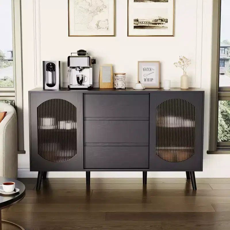 COZONY Buffet Cabinet with Storage, Fluted Glass Sliding Doors Drawers Black Sideboard for Kitchen Dining Living Room