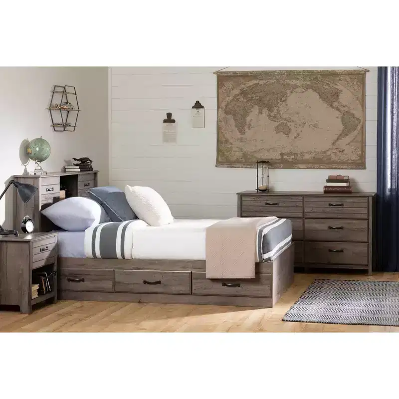 Full Ulysses Mates Kids' Bed with 3 Drawers Fall Oak - South Shore: Modern Full Size Bed Frame, Storage, Unupholstered