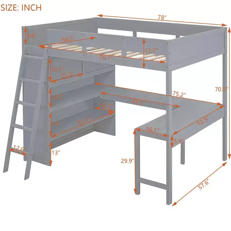 Full Size Loft Bed with Desk and Shelves, Wooden Loft Bedframe with Two Built-in Drawers for Bedroom