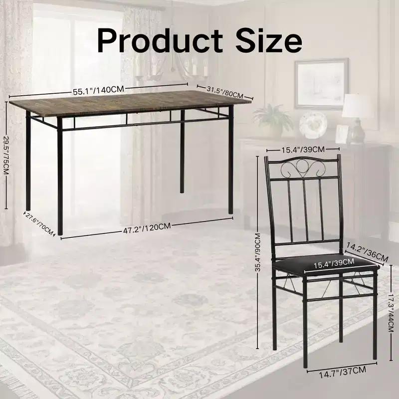 FurnitureR Rectangular Dining Table with 6 PU Leather Chairs, Kitchen Table Set for 4-6 People, Vintage Brown/Black