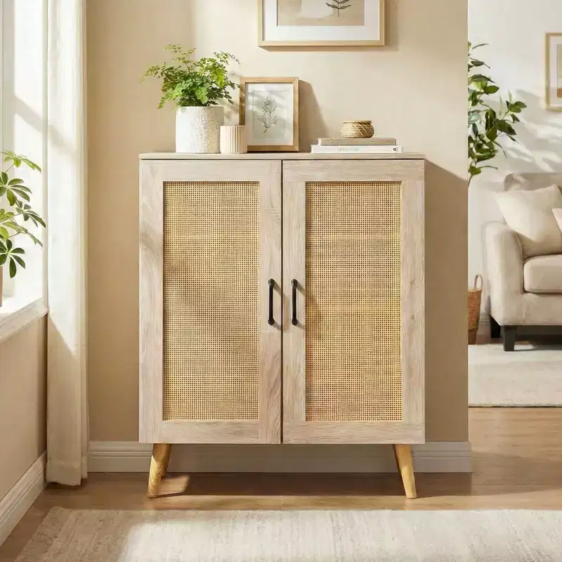 Costway Rattan Shoe Cabinet with 3 Removable Shelves,5-Tier Narrow Cabinet Wood Legs, Walnut/Natural