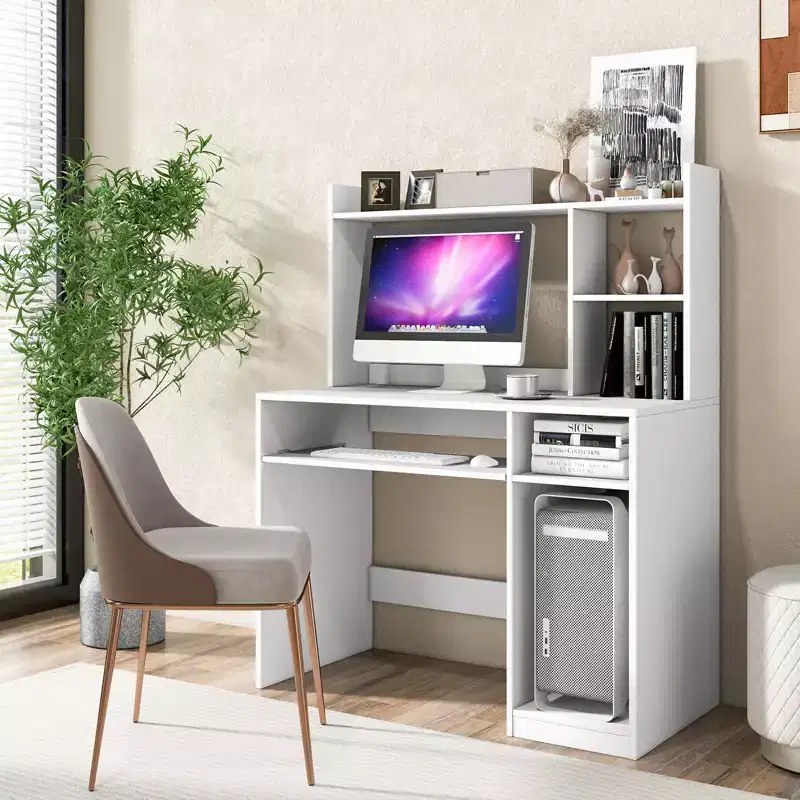 Computer Desk with Charging Station Hutch and CPU Stand White