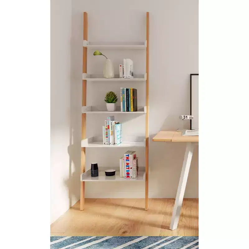 76" Remus Ladder Bookshelf Modern Oak and White - Universal Expert: Wall Leaning Design, 5-Tier Storage